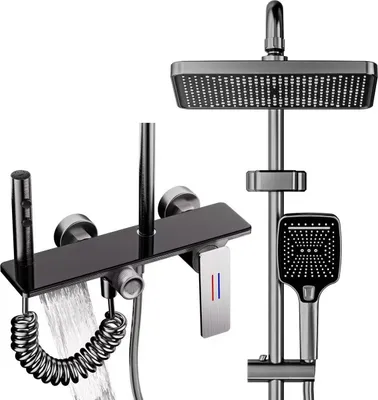 Produktbild von Duschsystem für Badewanne - Regendusche mit Wannenarmatur - Handbrause und Hygienedusche - Messing - Höhenverstellbar - Schwarz