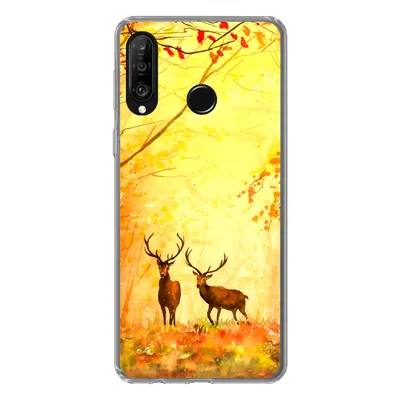Produktbild von MuchoWow® Handyhülle Schutzhülle Hülle für Huawei P30 Lite Natur - Ölfarbe - Hirsche - Tiere - Herbst - Orange Silikon Softcase Handy Hülle - Handyhülle