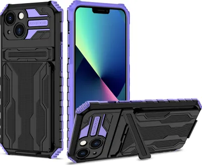 Produktbild von iPhone 13 Hülle, Hybrid Robust Schutz Stoßfest Schutzhülle mit Kartenhalter Ständer für iPhone 13 Lila