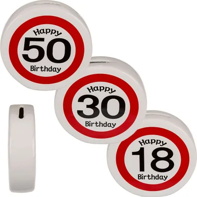 Produktbild von Spardose Happy Birthday 18 30 50 Geburtstag rot/weiß Keramik Sparbüchse rund, Motiv:30. Geburtstag