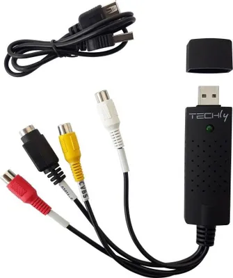A black video grabber device with attached RCA cables and a USB cable, laid out on a white background.