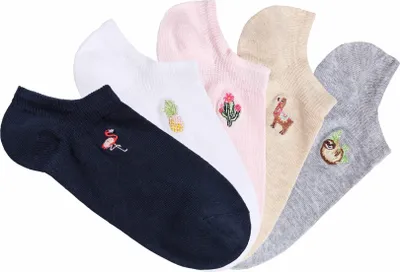 Produktbild von H.I.S. Sneakersocken Damen , Kinder Sneaker Socken bestickte Sommerliche Baumwollsocken 5 -teilig 1x marine, 1x weiß, 1x rosa, 1x beige-meliert, 1x hellgrau-meliert Größe 35/38