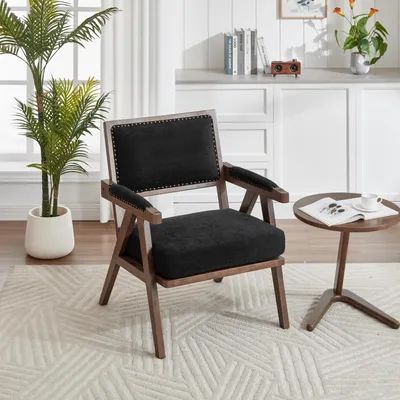 Produktbild von MODFU Loungesessel Holzstuhl Relaxsessel mit Armlehnen,Einzelsessel Fernsehsessel mit Holzrahmen für Wohnzimmer+Arbeitszimmer,Schwarz