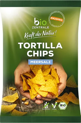 Zdjęcie produktu dla Organiczne chipsy Tortilla Chips z solą morską, chrupiące, złocistożółte, pikantne i pyszne 125 g