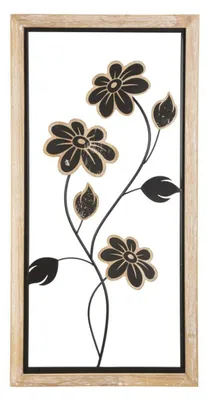 Image de Panneau mural Girish A en fer et bois avec fleurs noires