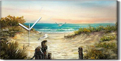 Produktbild von Wanduhr Bürouhr Leinwand Bild 60x30 Malerei Küste Strand Meer Wellen Himmel - weiße Hände