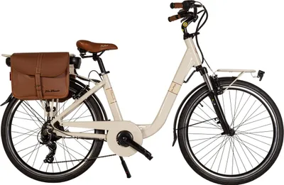 A studio shot of a beige electric city bike against a white background.