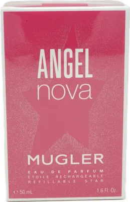 The image shows the front of a pink perfume box with white text.