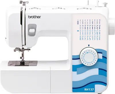 A white Brother sewing machine with blue wave accents on the side panel.