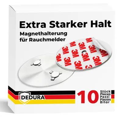 Produktbild von Rauchmelder Magnethalter 10er Set mit extra starken Klebepads – ohne Bohren und Schrauben – Magnethalterung geeignet für alle gängigen Rauchmelder und Feuermelder – selbstklebende Befestigung
