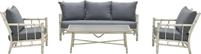 A garden lounge set consisting of a sofa, two armchairs, and a coffee table, all with white frames and gray cushions, displayed against a white background.