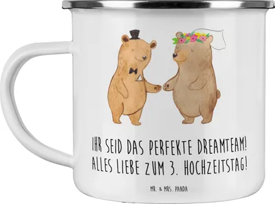 Produktbild von Mr. & Mrs. Panda Teebecher 3. Hochzeitstag Lederhochzeit Dreamteam - Weiß - Geschenk, gemeinsames Abenteuer, Teetasse, Erinnerungen, Campingtasse, alles Liebe zum, Pott