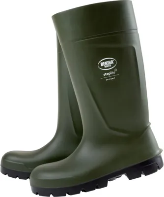 A pair of green rubber boots on a white background.