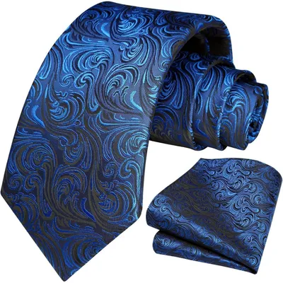 Productafbeelding van Das en zakdoekenset, koningsblauw, 100% zijde, Paisley-motief, jacquard