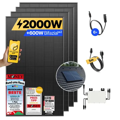 Produktbild von Balkonkraftwerk 2000W Solaranlage mit Ziegeldach Halterung (Paarmontage) Steckerfertig Komplettset Photovoltaik Anlage 800W, Kabellänge: 5m, Solakon
