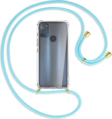 Produktbild von Handykette Backcover-Schutzhülle mit Band (Metall goldfarben) für Motorola Moto G50 (XT2137) - himmelblau