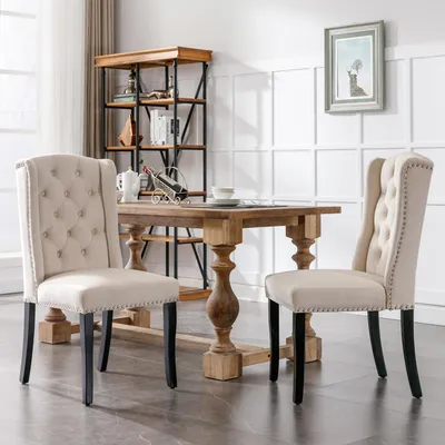 Image de MODFU Chaise de Salle à Manger - Set de 2 Chaises en Velours avec Dossier Haut et Pieds en Chêne Massif - Gris