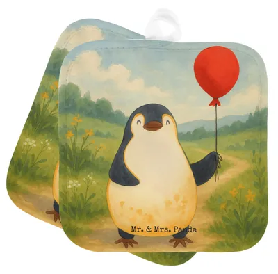 Produktbild von Mr. & Mrs. Panda Topflappen Pinguin Luftballon Design - Weiß - Geschenk, Geschenkidee, Jahrmarkt, Ofenlappen, Glück, Set, Freundin, Kirmes, Motivation, Topfuntersetzer
