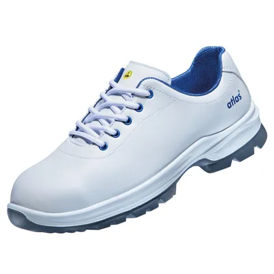 A white safety shoe with blue accents is shown against a white background.