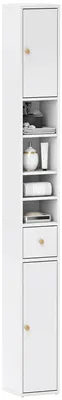Image de Armoire de salle de bain étroite - Meuble de rangement pour toilettes haut - 3 compartiments ouverts - 1 tiroir - Étagère réglable - Dimensions : 20 x 20 x 178 cm - Blanc