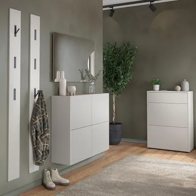 Produktbild von Garderoben-Set mit Spiegel & 2 Garderobenpaneelen in beige und Eiche, 5-teilig - BAIANO-01