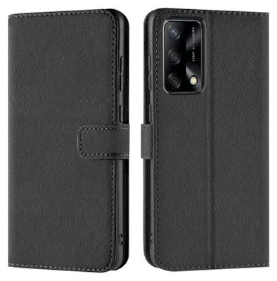 A black flip case for a smartphone is shown from two angles.