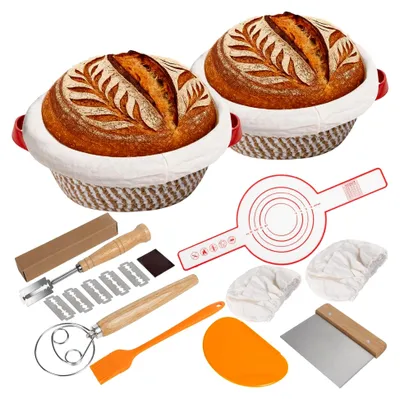 Produktbild von 2 runde Gärkörbchen, Sauerteig Starter Set, geflochtener Gärkorb aus Baumwolle, Zubehör zum Brotbacken mit Leinenfutter, Schaber, Silikonpinsel, Backmatte, Teigschneider, Teigbesen