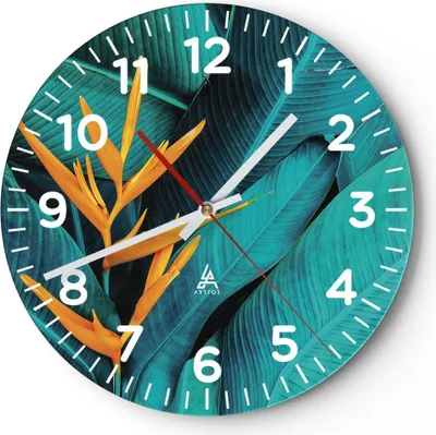 Produktbild von Wanduhr - Rund - Glasuhr - Blumen Tropen Blätter - 30x30cm - Schleichendes Uhrwerk - Lautlos - zum Aufhängen bereit - Dekoration Modern - Wanddekoration aus Glas - C4AR30x30-5116