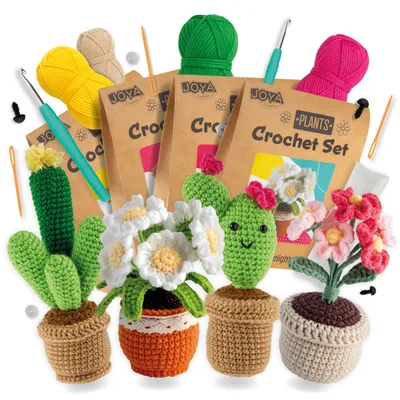 Obrázek produktu pro Joya Kreativní sada na háčkování rostlin a květin, 4 díly – Kompletní sada pro háčkování amigurumi pro dospělé, včetně ergonomických háčků