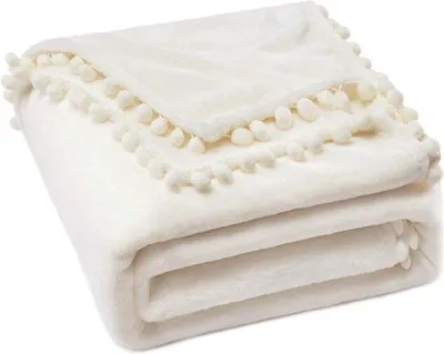 Zdjęcie produktu dla Unyqoos® Miękki koc polarowo-flanelowy z pomponami, wykonany z mikrofibry, dwustronny, 170 x 210 cm, biały – idealny jako koc na kanapę i w podróży