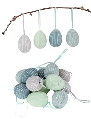 Produktbild von 12 Stück Deko Eier Hängedeko Grau Grün Beige Gestreift Ostereier zum Aufhängen Osterdeko Ostern Dekoration