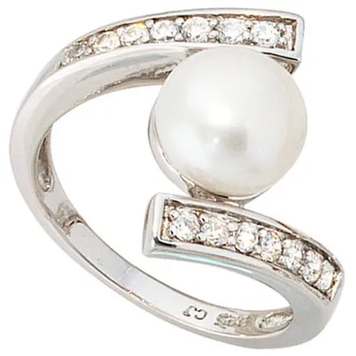Produktbild von Ring Damenring mit Süßwasser Zuchtperle & Zirkonia 925 Silber Perlenring Innenumfang 52mm  Ø16.6mm