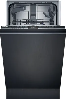 A front view of a Siemens dishwasher with the door open, showing the interior racks and controls.