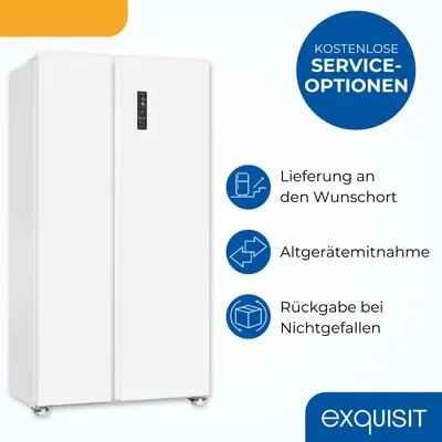 Produktbild von Exquisit Side-by-Side Kühl-Gefrierkombination, 442 Liter, No-Frost, LED-Display, 10 Ablagen, leiser Betrieb, 91 cm Breite, SBS546-040E weiss