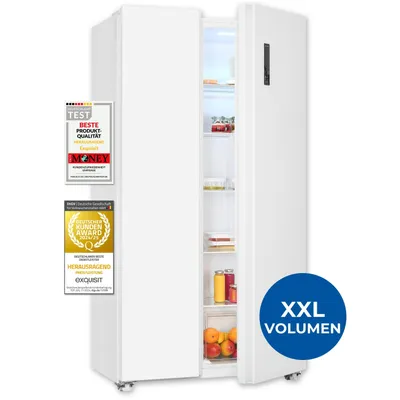 Produktbild von Exquisit Side-by-Side Kühl-Gefrierkombination, 442 Liter, No-Frost, LED-Display, 10 Ablagen, leiser Betrieb, 91 cm Breite, SBS46-040E weiss