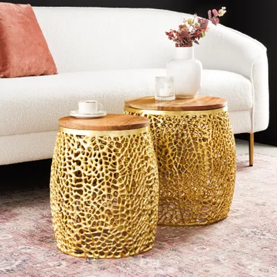 Produktbild von riess-ambiente 2er Set Filigraner Design Couchtisch ABSTRACT LEAF gold Akazienholz Handarbeit Metall Beistelltisch Tisch