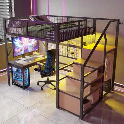 A loft bed with a desk, chair, and storage integrated underneath, set in a modern room with neon lighting.