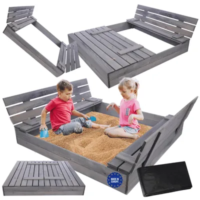 Produktbild von MODO24 Sandkasten Holz, mit Deckel, Sitzbänken, Holzsandkasten, Kinder Gartenspielzeug, Outdoor, 140x137 cm, Grau Imprägniert, PIA