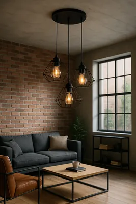 A living room scene with a sofa, coffee table, and a pendant light fixture.