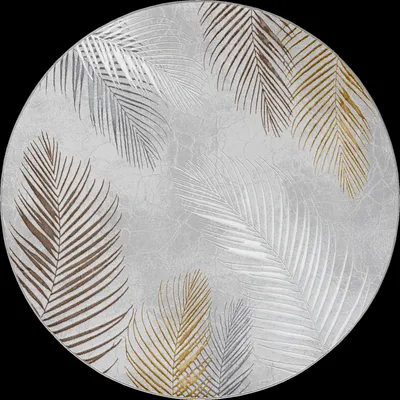 A round rug with a palm leaf pattern in cream, gray, gold, and brown.