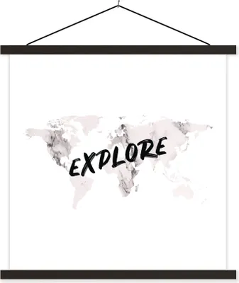 Produktbild von MuchoWow® Textilposter Weltkarte - Text - Marmor 90x90 cm mit schwarzem Rahmen - Magnetisches