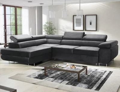 Produktbild von Avatar Velvet Ecksofa in L-Form 277 x 73 x 203 cm mit Schlaffunktion und Bettzeugbehälter - Schlafsofa mit Bettkasten - Eckcouch mit Stauraum - Links - Farbe: Monolith Graphit (MO97)