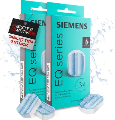 Produktbild von MEISTERZWECK4U 2in1 Entkalkungstabletten Siemens EQ series TZ80032A - 6 Tabletten für Kaffeevollautomaten - Entfernt Kalk, schützt vor Korrosion & geruchsneutral - Entkalter & Reinger Kaffeemaschine