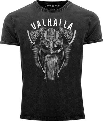 Produktbild von Herren Vintage Shirt Valhalla Wikinger Helm Viking Odin Krieger Printshirt T-Shirt Aufdruck Used Look Slim Fit Neverless®  schwarz L