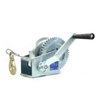 A silver and black hand winch with a cable and hook is shown against a white background.