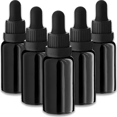 Produktbild von 5x Glasflasche schwarz 20 ml mit schwarzer Pipette Tropfflaschen Kosmetik