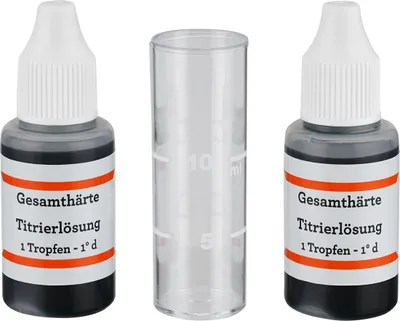 Two bottles of titration solution and a measuring cylinder are arranged on a white background.