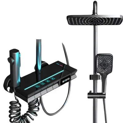 A modern shower system with a large rain shower head and a handheld shower head, featuring a digital control panel.