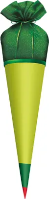 A school cone with a green fabric top and a yellow cone body.