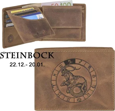 Produktbild von Greenburry Geldbörse Herren Leder braun antik Vintage mit Sternzeichen Motiv STEINBOCK Prägung Portemonnaie 12,5 x 9,5cm